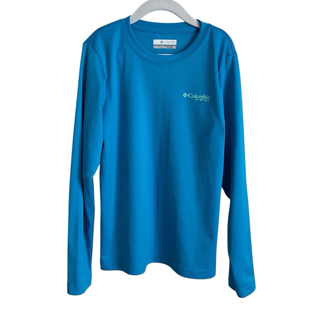 Columbia PFG Kids Blue Long Sleeve Top Athletic Fishing Flag Graphic FLAW Small